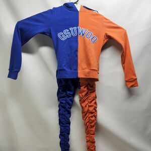 GSUWOO Orange Blue Ruched Set XS – Hoodie Joggers Streetwear Colorblock Outfit